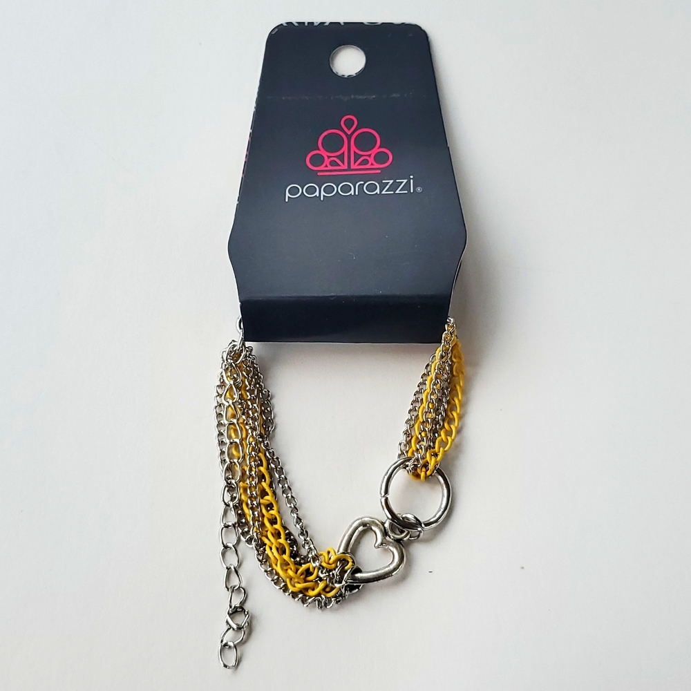 Boutique Paparazzi Yellow and Silver Colored Metal Chain w Heart Accent Bracelet
